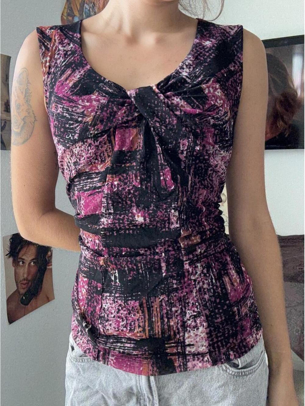 515 Y2K pink/black abstract brushstroke print blouse with bow detail
